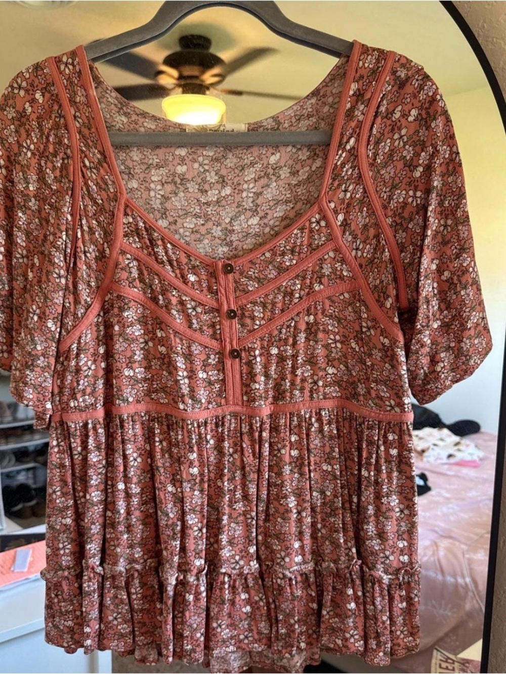 Rewind Rust Floral Scoop Neck Tiered Peasant Top
